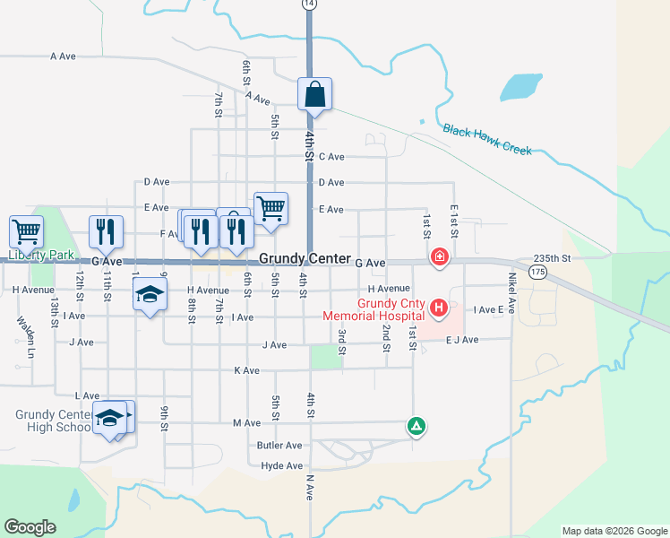 map of restaurants, bars, coffee shops, grocery stores, and more near 313-399 G Ave in Grundy Center