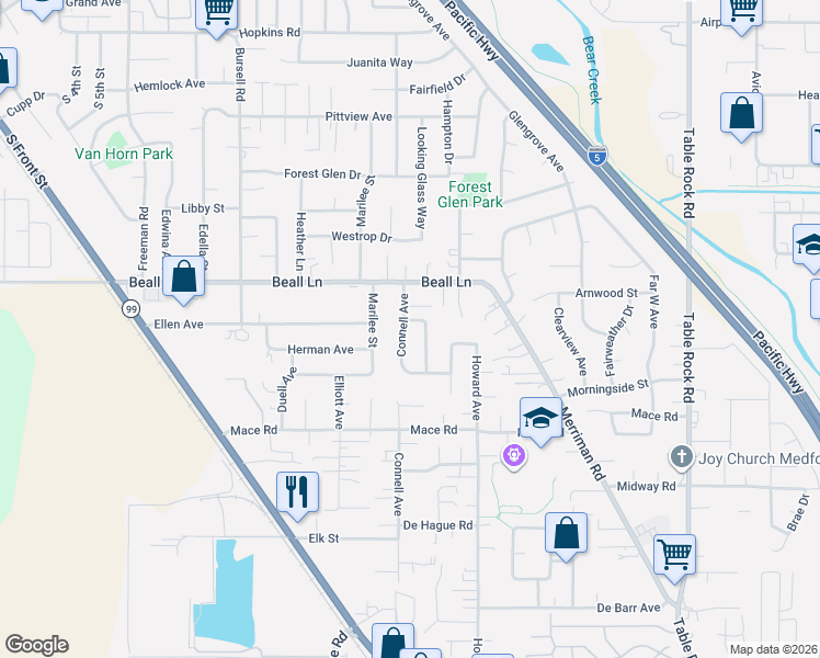 map of restaurants, bars, coffee shops, grocery stores, and more near 3099 Starwood Ct in Medford