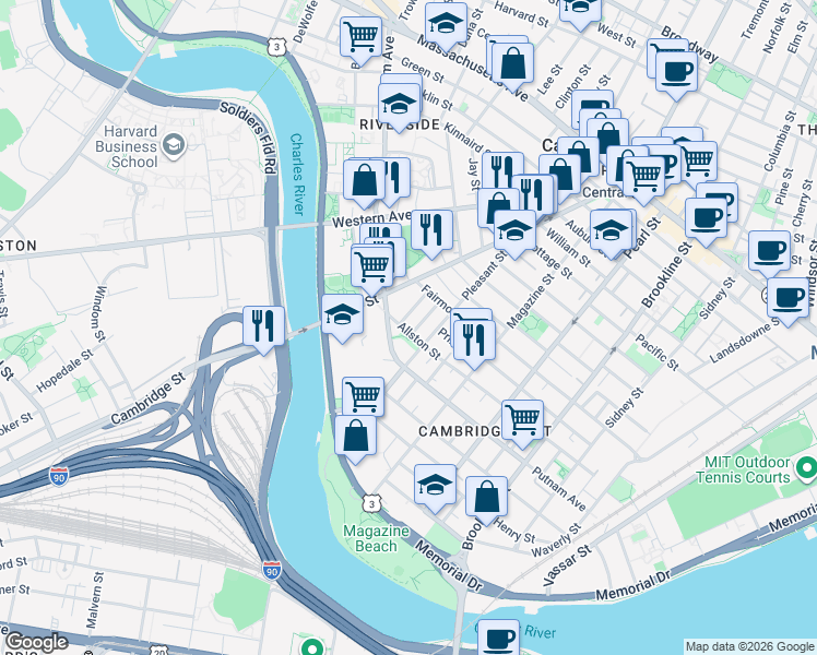 map of restaurants, bars, coffee shops, grocery stores, and more near 25 Andrew Street in Cambridge