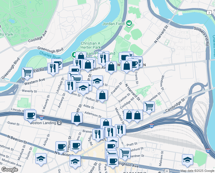 map of restaurants, bars, coffee shops, grocery stores, and more near 37 Raymond Street in Boston