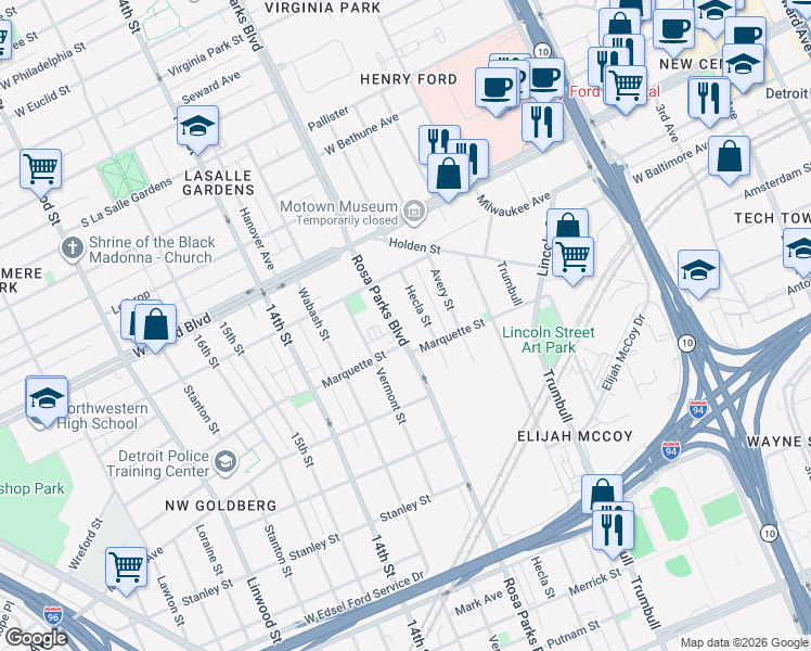 map of restaurants, bars, coffee shops, grocery stores, and more near 6185 Rosa Parks Boulevard in Detroit