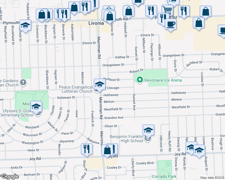 map of restaurants, bars, coffee shops, grocery stores, and more near 31229 West Chicago in Livonia