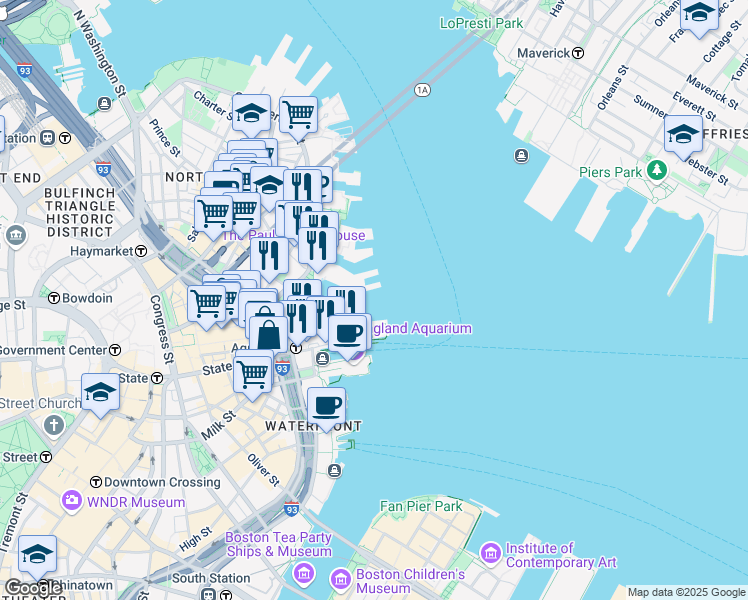 map of restaurants, bars, coffee shops, grocery stores, and more near in Boston