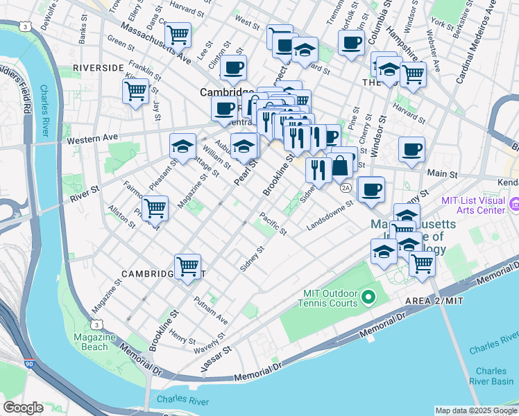 map of restaurants, bars, coffee shops, grocery stores, and more near 42 Pilgrim Street in Cambridge