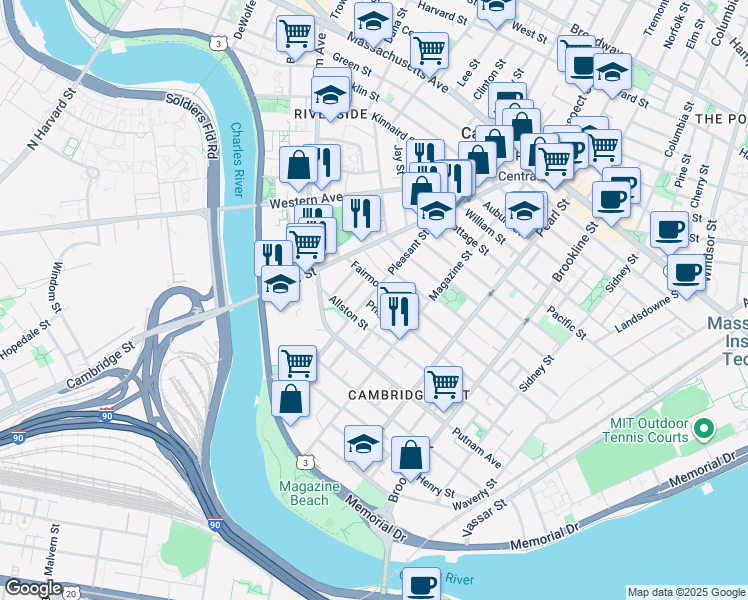 map of restaurants, bars, coffee shops, grocery stores, and more near 25 Fairmont Street in Cambridge