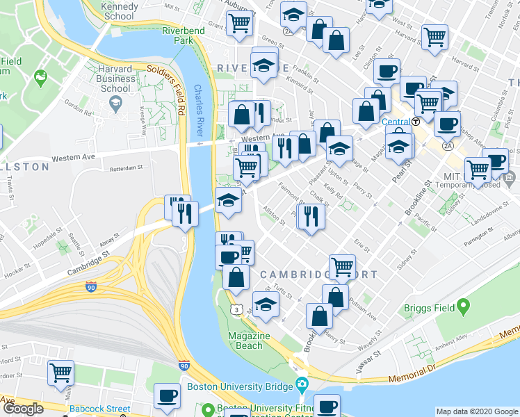 map of restaurants, bars, coffee shops, grocery stores, and more near 340 Putnam Avenue in Cambridge