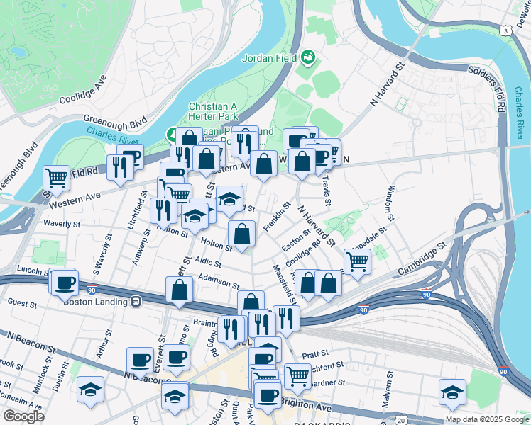 map of restaurants, bars, coffee shops, grocery stores, and more near 57 Riverdale Street in Boston