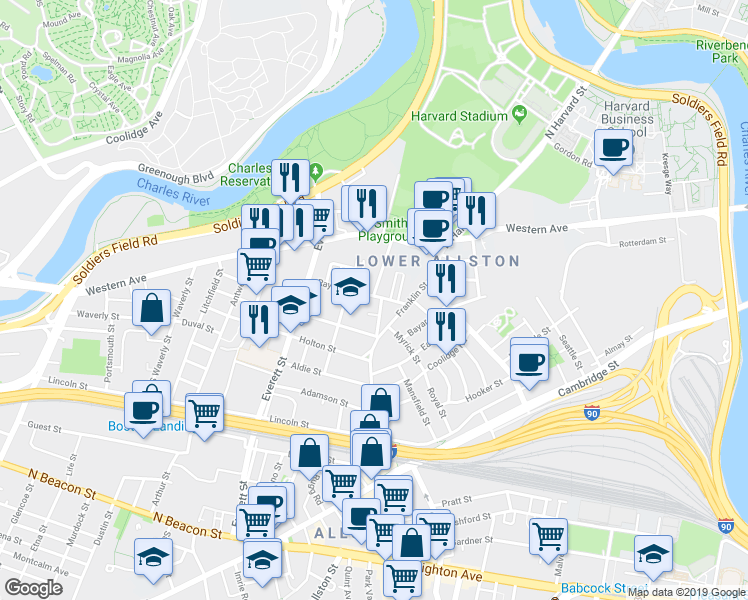 map of restaurants, bars, coffee shops, grocery stores, and more near 57 Riverdale Street in Boston
