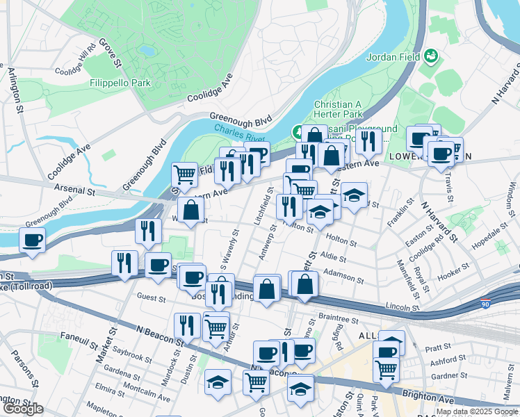 map of restaurants, bars, coffee shops, grocery stores, and more near 96 Litchfield Street in Boston