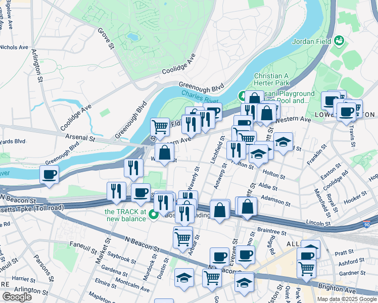 map of restaurants, bars, coffee shops, grocery stores, and more near 16 Abby Road in Boston