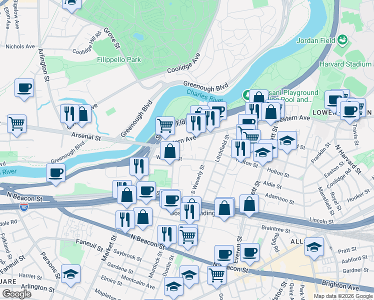 map of restaurants, bars, coffee shops, grocery stores, and more near in Boston