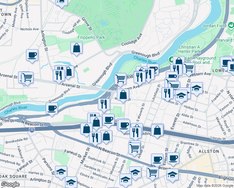 map of restaurants, bars, coffee shops, grocery stores, and more near 516-522 Western Avenue in Boston