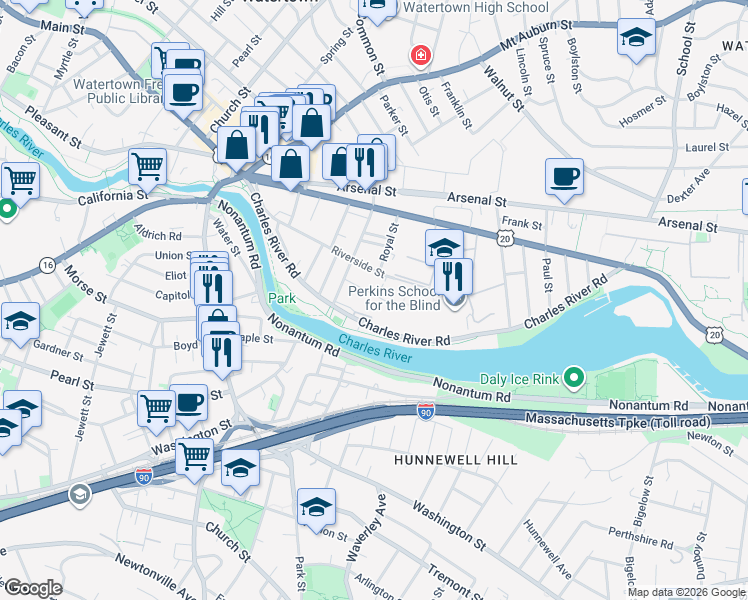 map of restaurants, bars, coffee shops, grocery stores, and more near 15 Fifield Street in Watertown