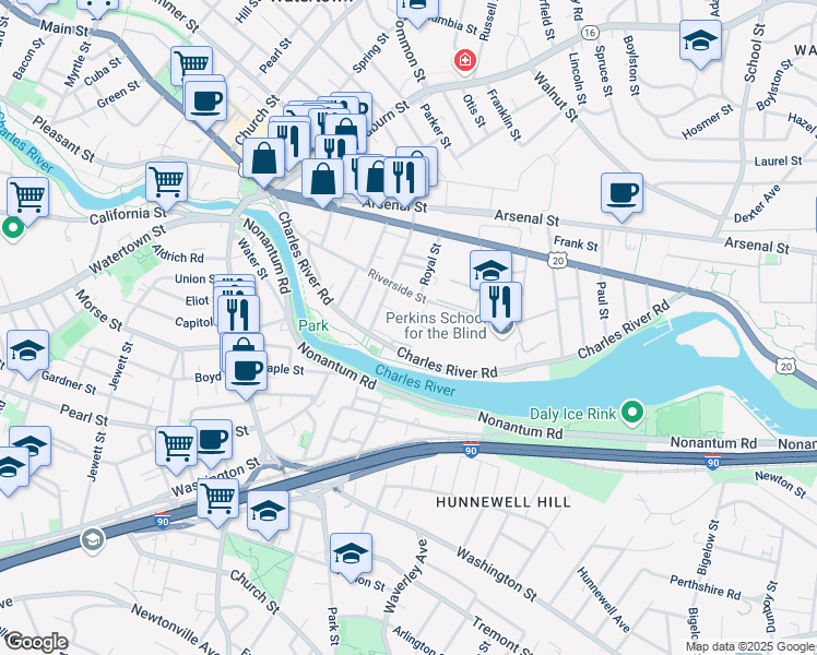 map of restaurants, bars, coffee shops, grocery stores, and more near 15 Fifield Street in Watertown