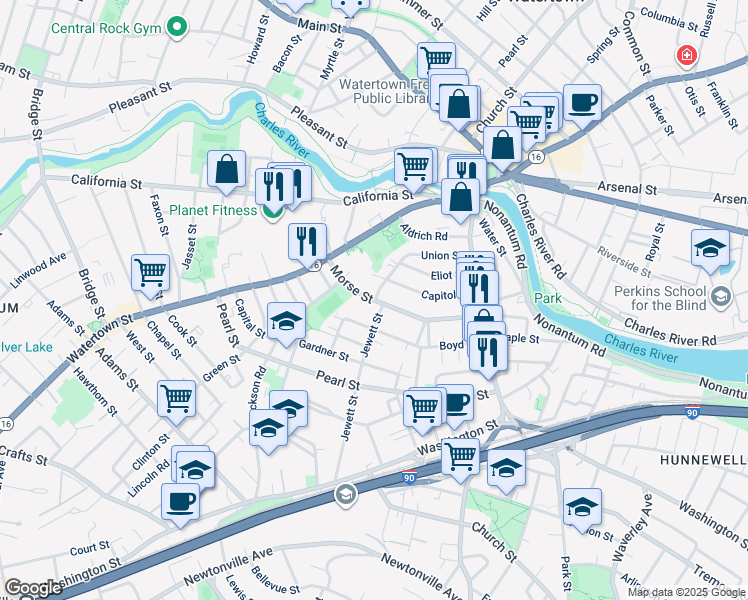map of restaurants, bars, coffee shops, grocery stores, and more near 105 Union Street in Watertown