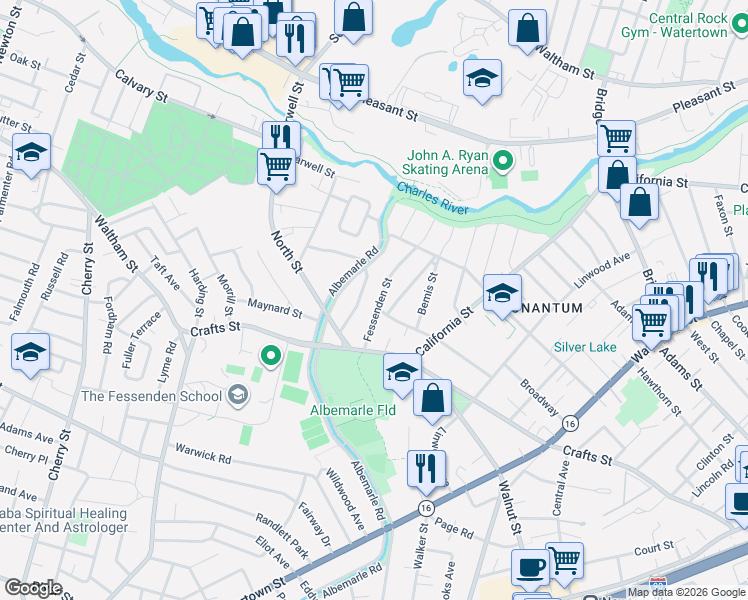 map of restaurants, bars, coffee shops, grocery stores, and more near 51 Fessenden Street in Newton