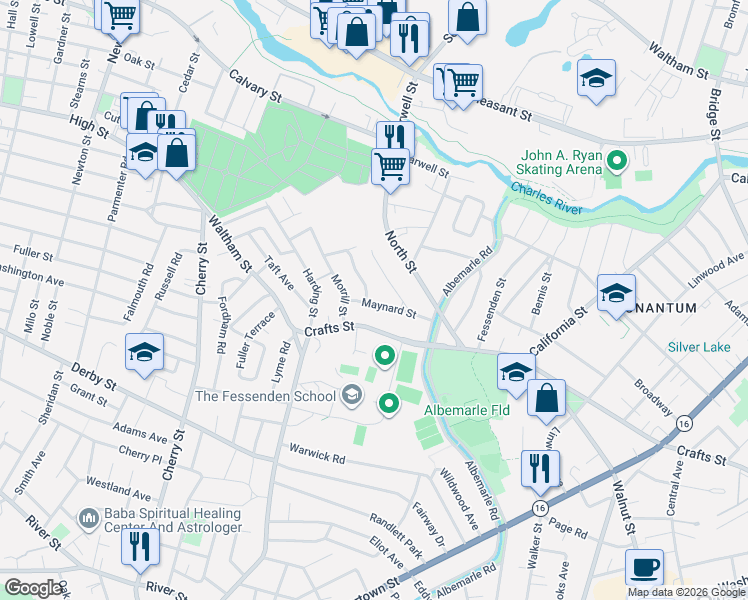 map of restaurants, bars, coffee shops, grocery stores, and more near 69 Maynard Street in Newton