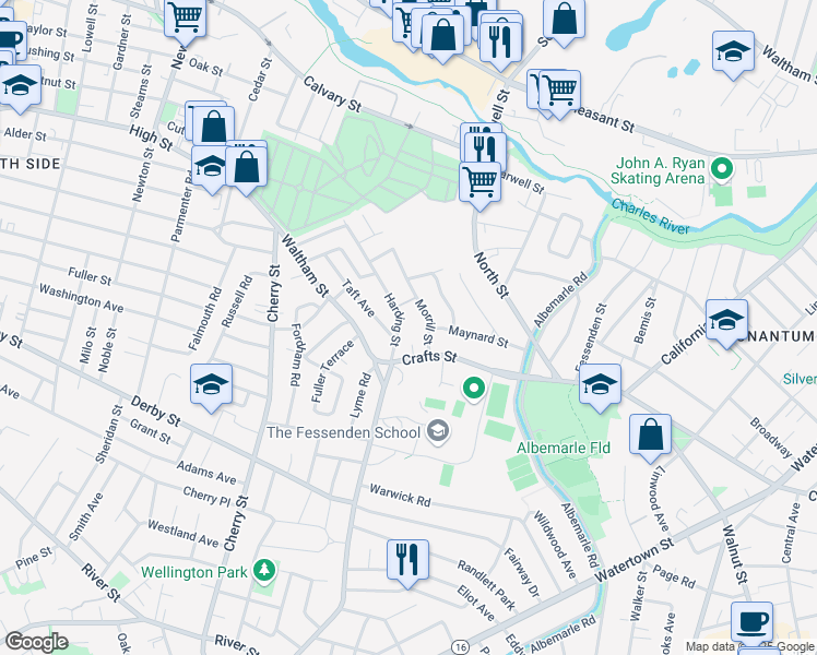 map of restaurants, bars, coffee shops, grocery stores, and more near 37 Harding Street in Newton