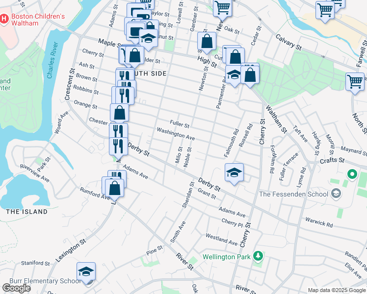 map of restaurants, bars, coffee shops, grocery stores, and more near 12 Milo Street in Newton
