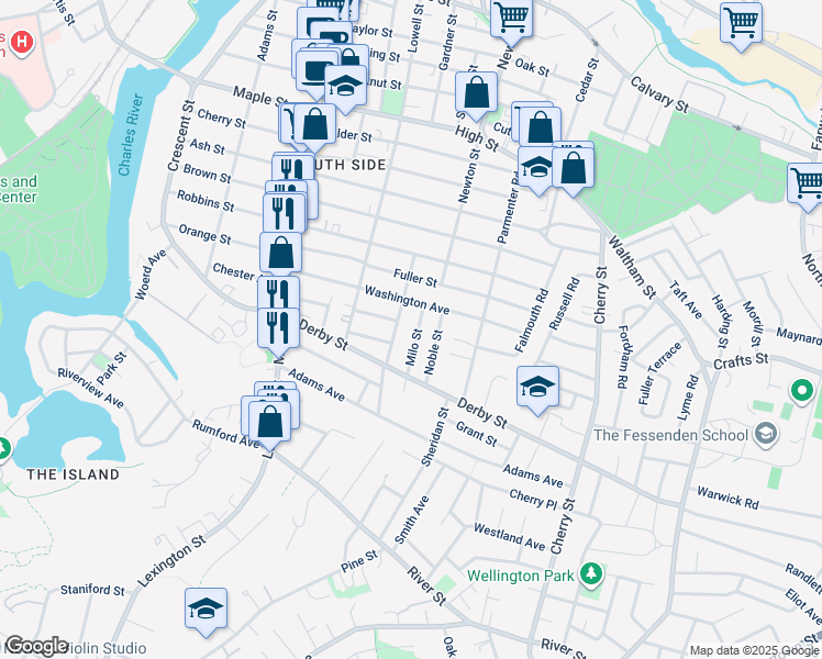 map of restaurants, bars, coffee shops, grocery stores, and more near 12 Milo Street in Newton