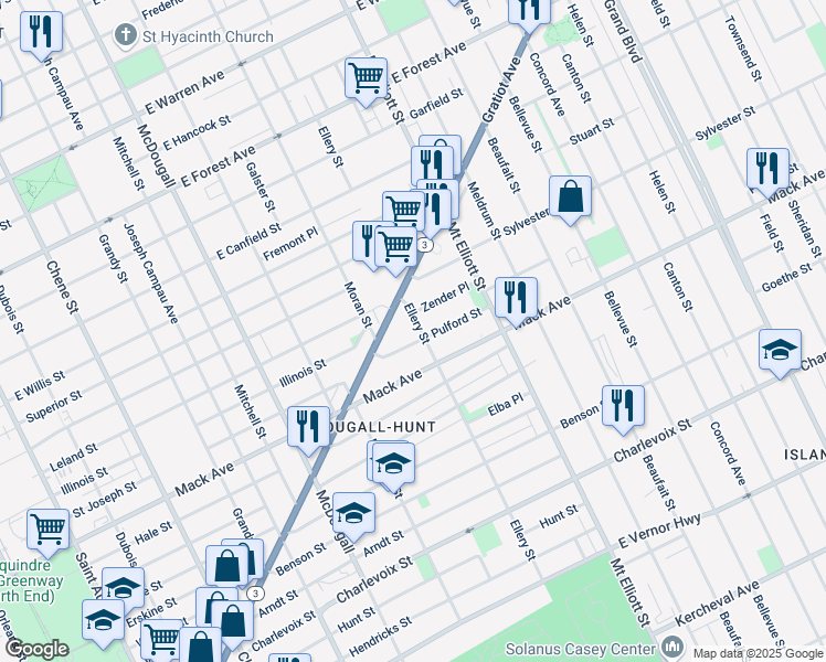 map of restaurants, bars, coffee shops, grocery stores, and more near 3725 Ellery Street in Detroit
