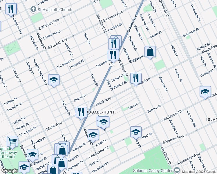 map of restaurants, bars, coffee shops, grocery stores, and more near 3725 Ellery Street in Detroit