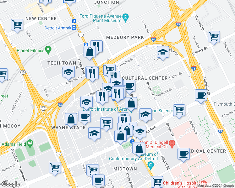 map of restaurants, bars, coffee shops, grocery stores, and more near 5510 Woodward Avenue in Detroit