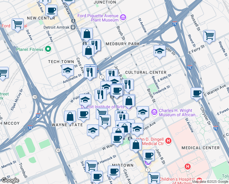 map of restaurants, bars, coffee shops, grocery stores, and more near 5510 Woodward Avenue in Detroit