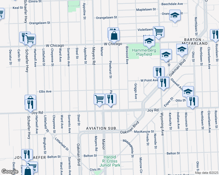 map of restaurants, bars, coffee shops, grocery stores, and more near 9110 Manor in Detroit