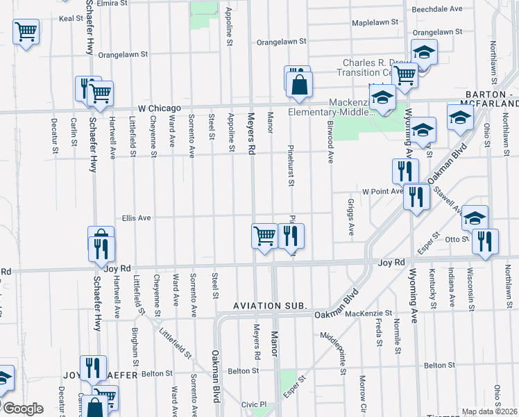 map of restaurants, bars, coffee shops, grocery stores, and more near 9130 Meyers Road in Detroit