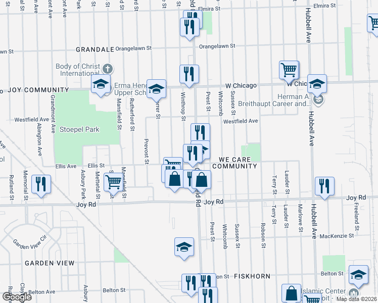 map of restaurants, bars, coffee shops, grocery stores, and more near 9131 Greenfield Road in Detroit
