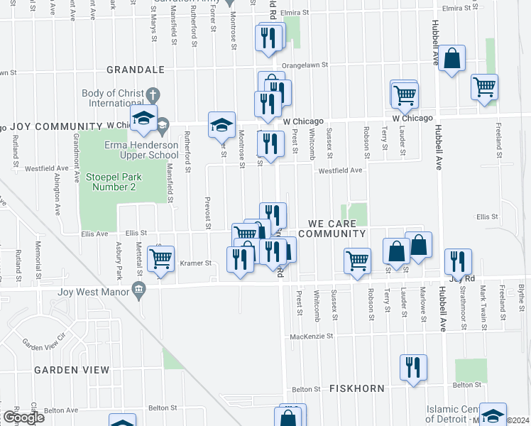 map of restaurants, bars, coffee shops, grocery stores, and more near 9131 Greenfield Road in Detroit