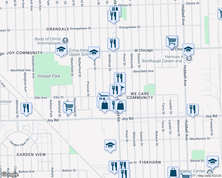 map of restaurants, bars, coffee shops, grocery stores, and more near 9131 Greenfield Road in Detroit