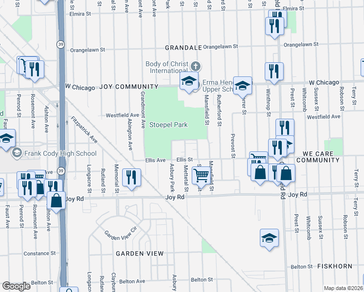 map of restaurants, bars, coffee shops, grocery stores, and more near 16337 Cathedral Street in Detroit