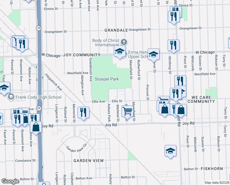 map of restaurants, bars, coffee shops, grocery stores, and more near 16337 Cathedral Street in Detroit