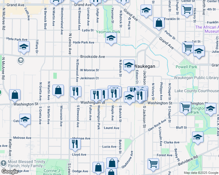 map of restaurants, bars, coffee shops, grocery stores, and more near 1518 West Cornelia Avenue in Waukegan