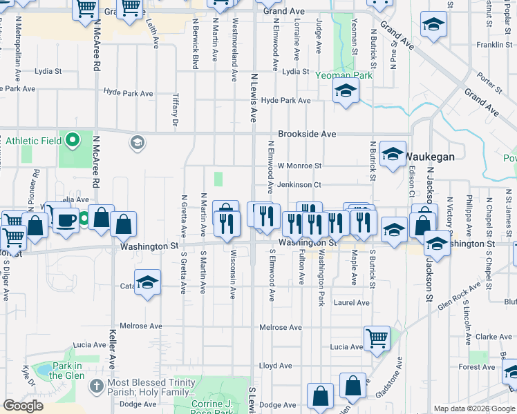 map of restaurants, bars, coffee shops, grocery stores, and more near 104 North Elmwood Avenue in Waukegan