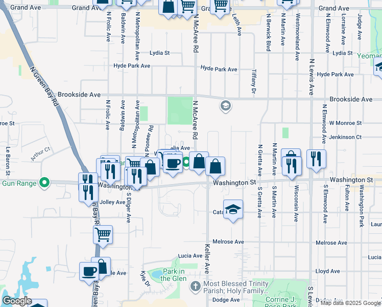 map of restaurants, bars, coffee shops, grocery stores, and more near 100 North McAree Road in Waukegan