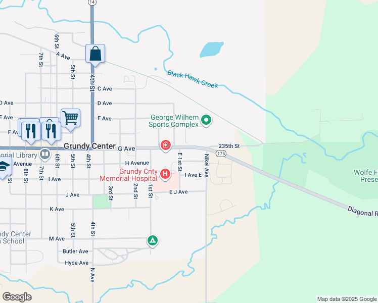 map of restaurants, bars, coffee shops, grocery stores, and more near 320 G Avenue in Grundy Center
