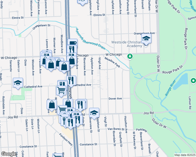 map of restaurants, bars, coffee shops, grocery stores, and more near 9168 Appleton in Redford Charter Township
