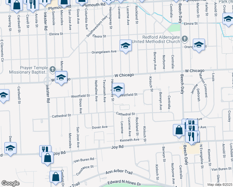 map of restaurants, bars, coffee shops, grocery stores, and more near 9318 Hemingway in Redford Charter Township