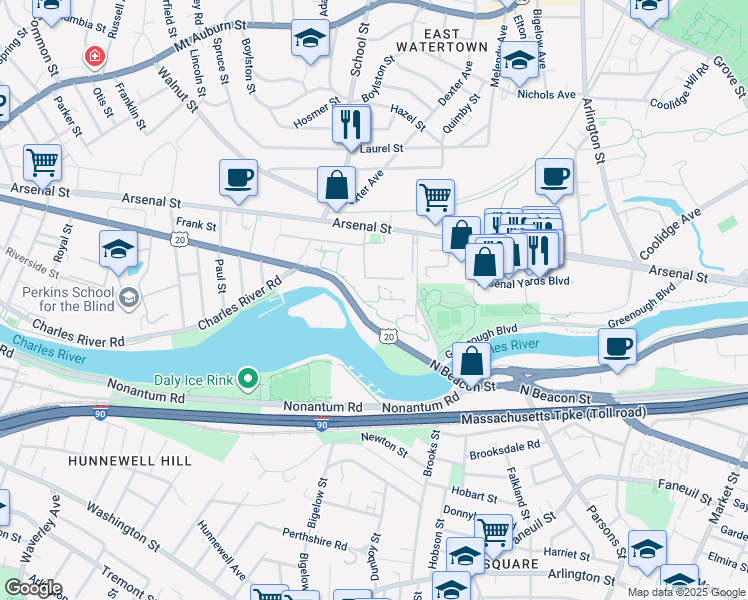 map of restaurants, bars, coffee shops, grocery stores, and more near 3 Kingsbury Avenue in Watertown