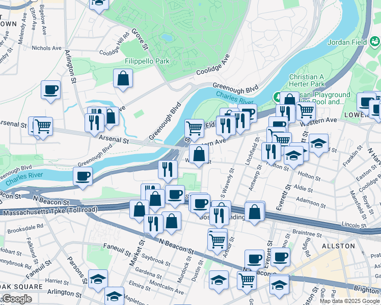 map of restaurants, bars, coffee shops, grocery stores, and more near 530 Western Avenue in Boston