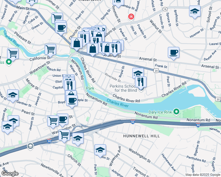 map of restaurants, bars, coffee shops, grocery stores, and more near 15 Fifield Street in Watertown