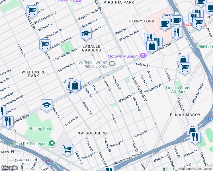 map of restaurants, bars, coffee shops, grocery stores, and more near 6597 14th Street in Detroit