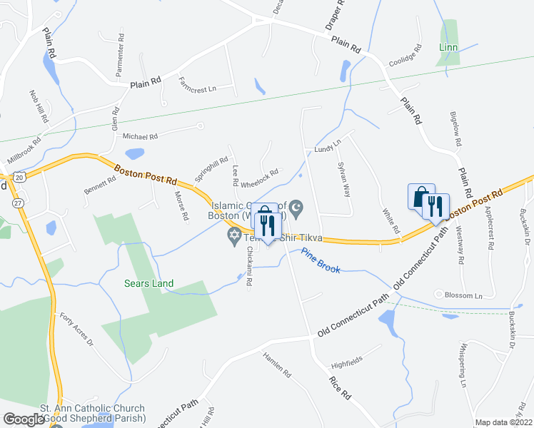 map of restaurants, bars, coffee shops, grocery stores, and more near 136 Boston Post Road in Wayland