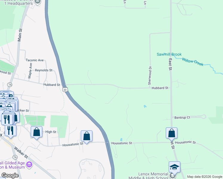 map of restaurants, bars, coffee shops, grocery stores, and more near 160 Hubbard St in Lenox