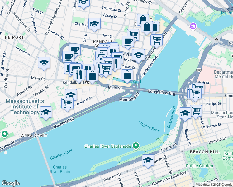 map of restaurants, bars, coffee shops, grocery stores, and more near 1 Memorial Drive in Cambridge