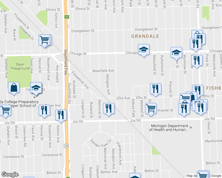 map of restaurants, bars, coffee shops, grocery stores, and more near 9144 Abington Avenue in Detroit