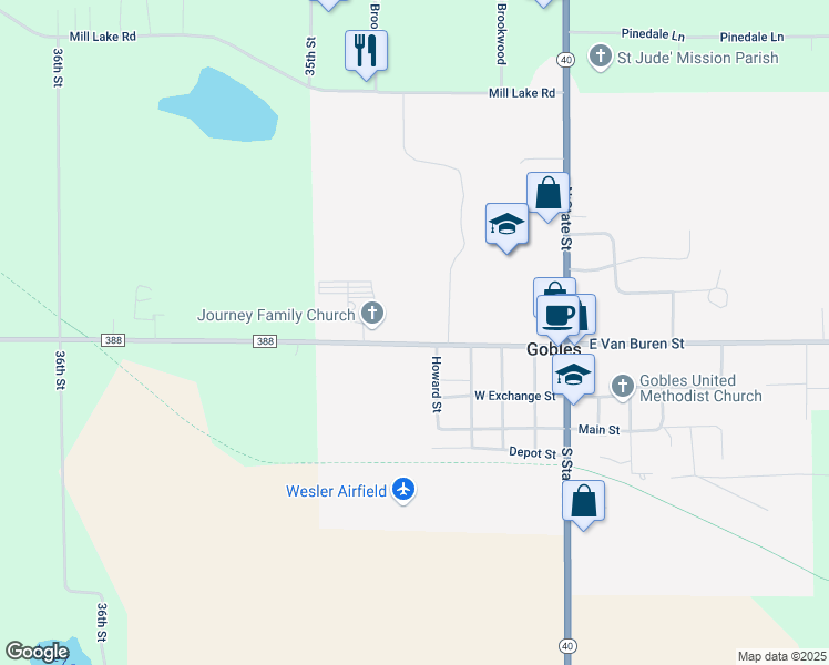 map of restaurants, bars, coffee shops, grocery stores, and more near 508 West Van Buren Street in Gobles